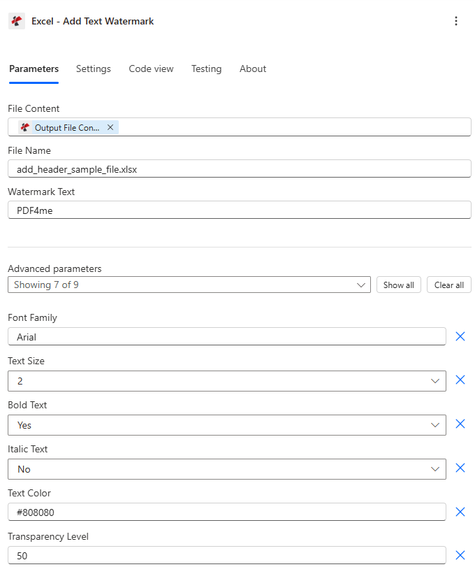 Azione Power Automate Aggiungi filigrana di testo a Excel che mostra il contenuto del file da SharePoint Ottieni contenuto del file, testo della filigrana RISERVATO, dimensione testo 3, colore testo #FF0000, posizione 4